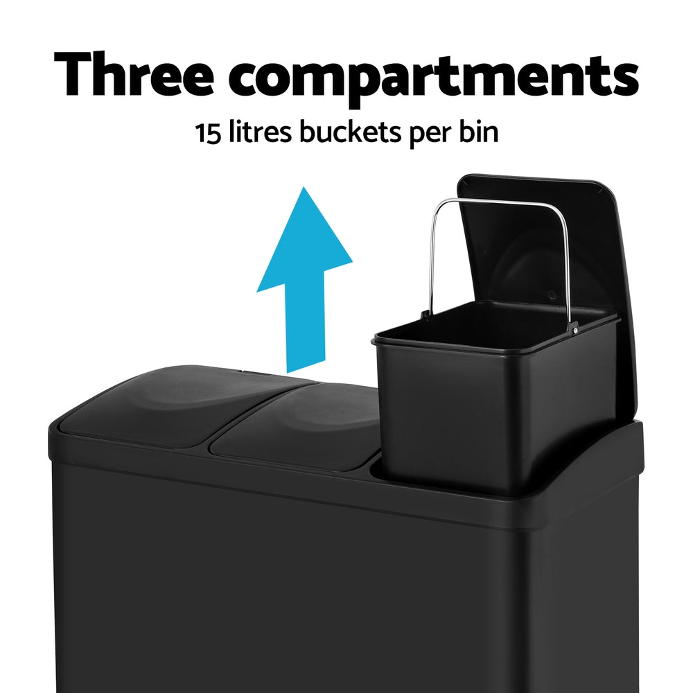 Cefito Pedal Bins Rubbish Bin Triple Compartments Waste Recycle Dustbins 45L