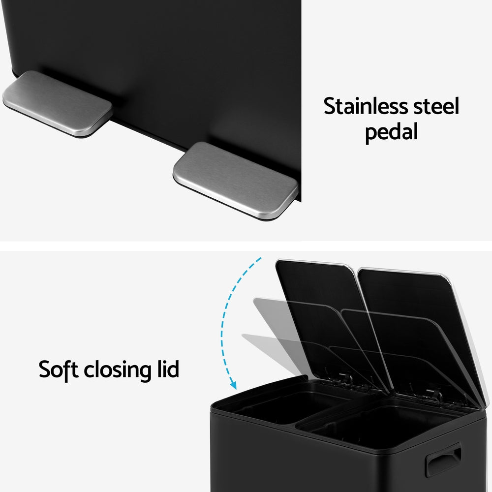 Cefito Pedal Bins Rubbish Bin Dual Compartment Waste Recycle Dustbins 60L Black