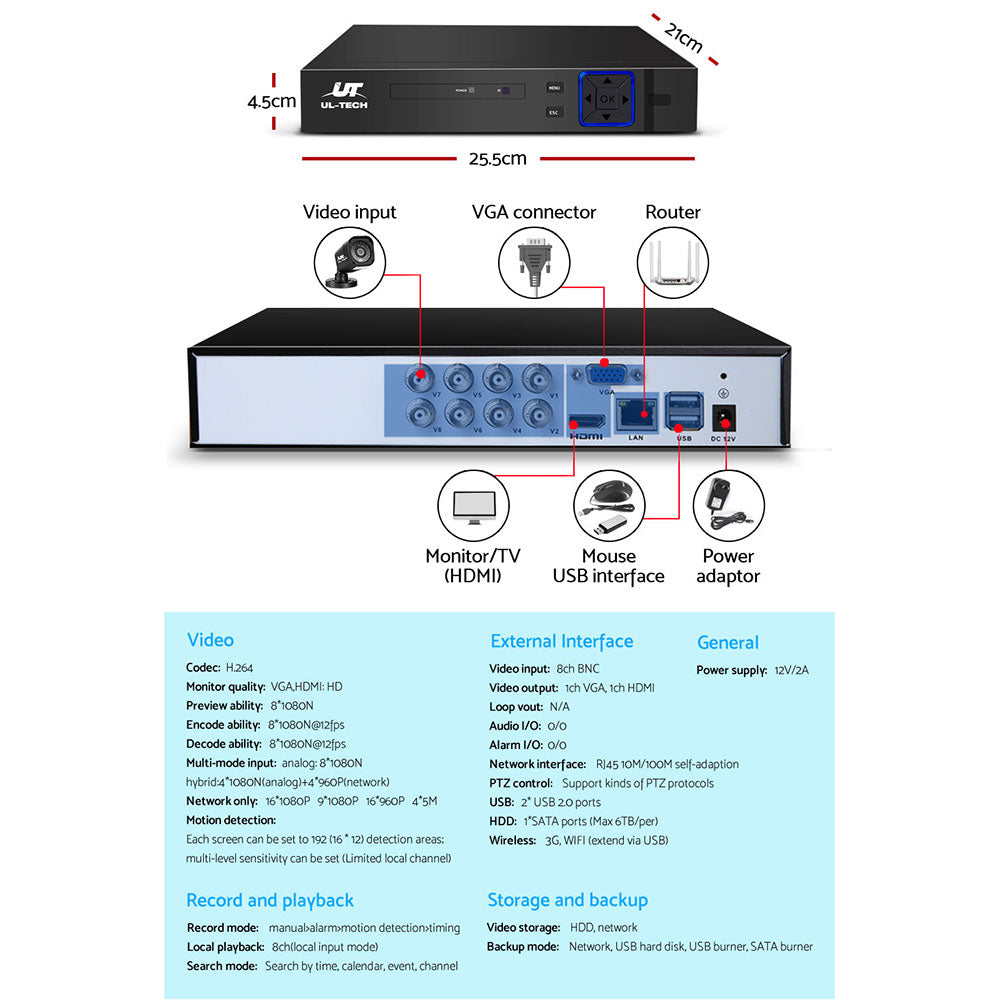 UL-tech CCTV Security System 8CH DVR 4 Cameras 1080p