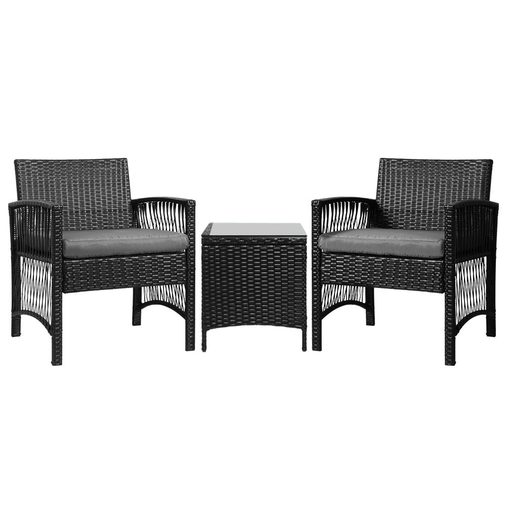 Gardeon 3PC Outdoor Bistro Set Patio Furniture Wicker Dining Chairs Table Cushion Black