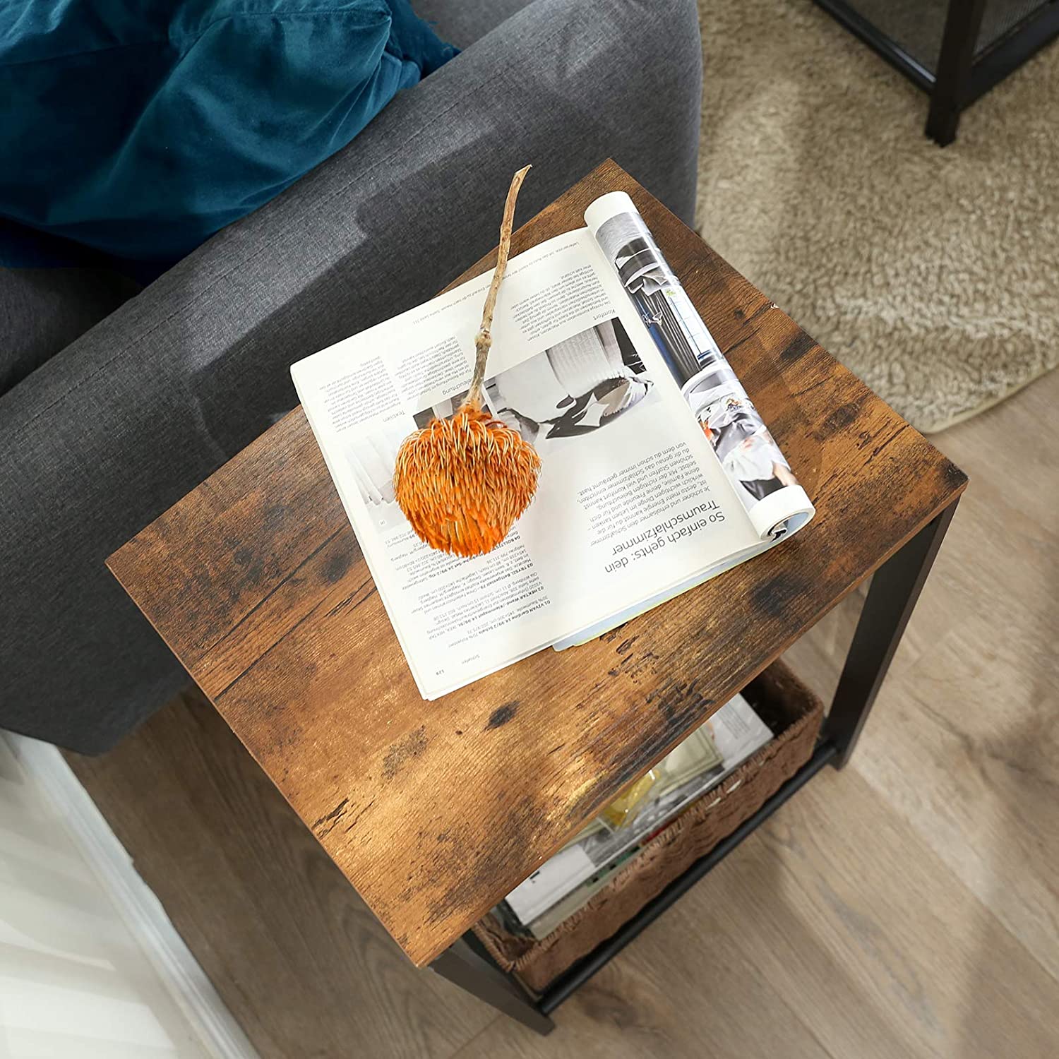 Rustic Brown Side Table with Mesh Shelf