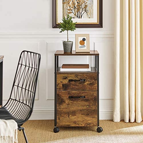 File Cabinet with 2 Drawers, Wheels and Open Compartment Rustic Brown and Black