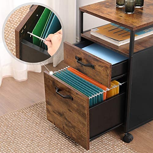 File Cabinet with 2 Drawers, Wheels and Open Compartment Rustic Brown and Black