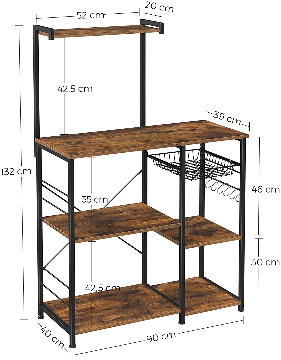 Kithcen Baker's Rack with Shelves Microwave Stand with Wire Basket and 6 S-Hooks Rustic Brown