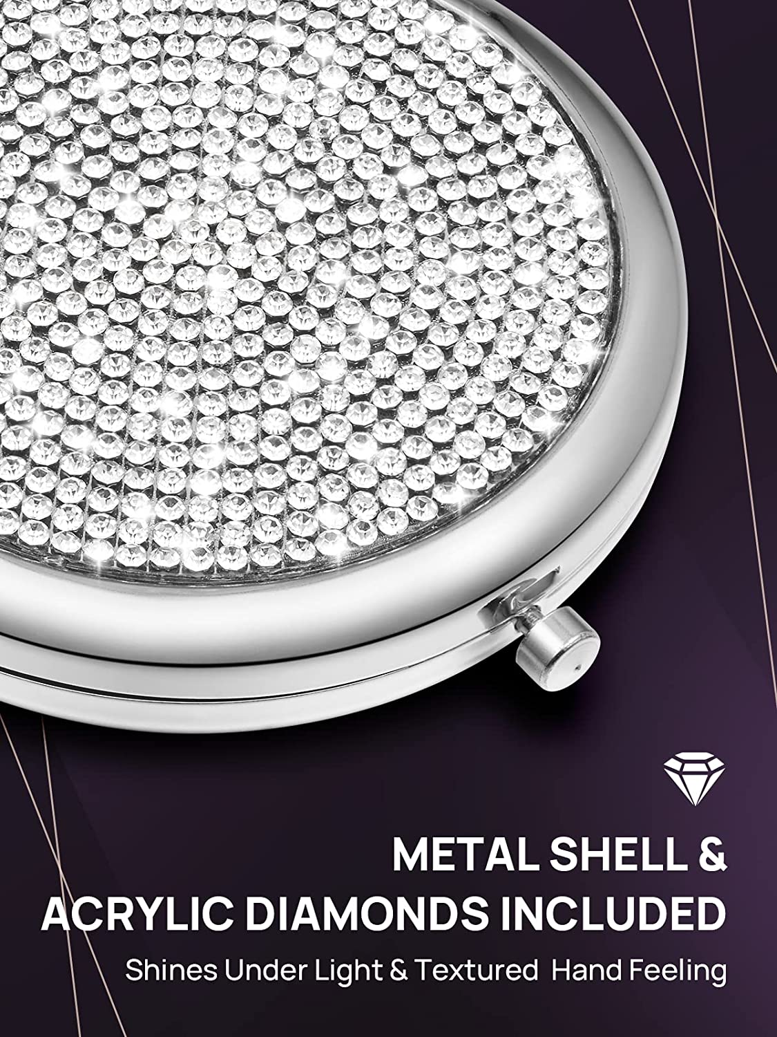 Mini Small Diamond Magnifying Round Metal Pocket Makeup Mirror (Silver)