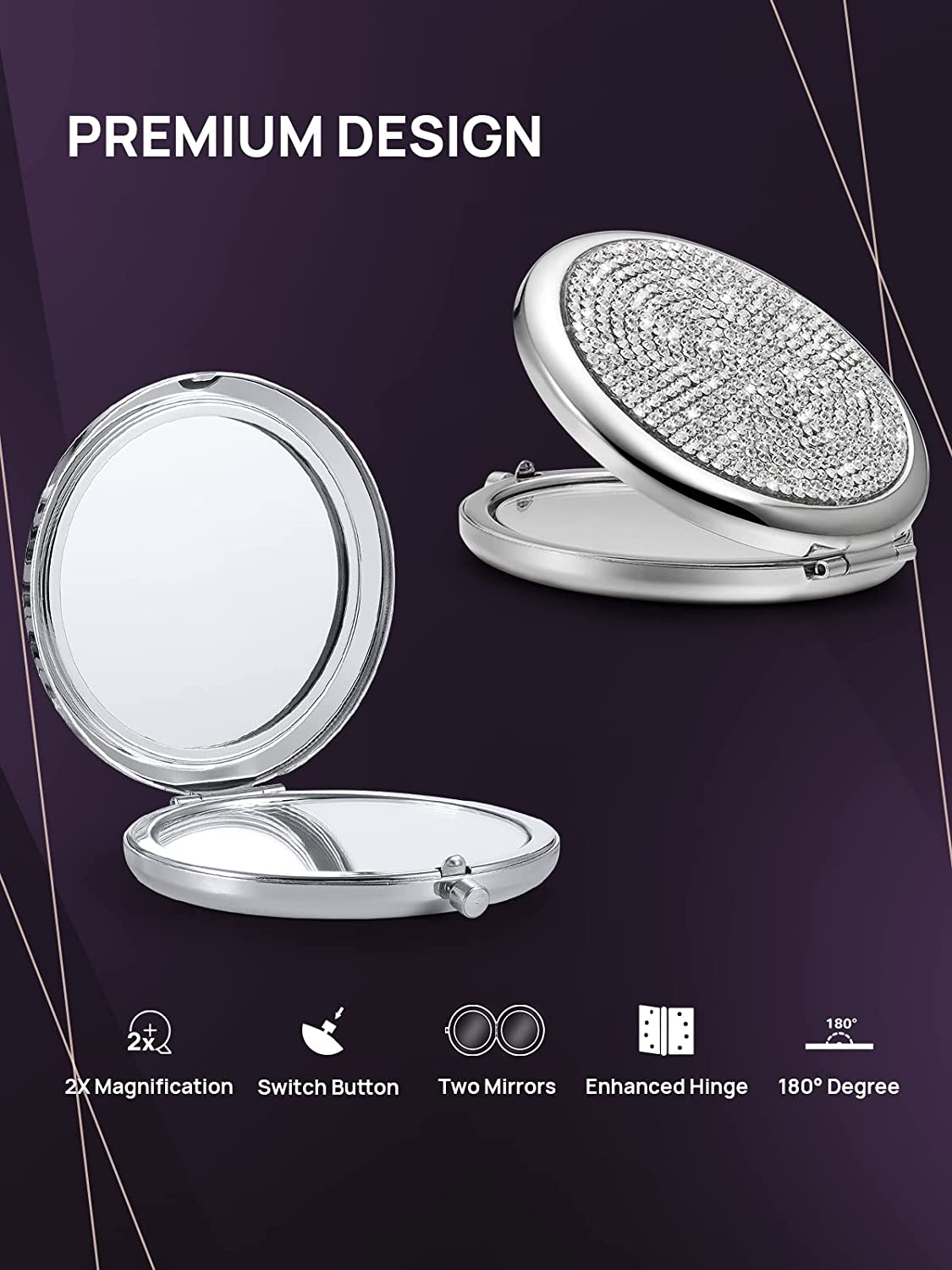 Mini Small Diamond Magnifying Round Metal Pocket Makeup Mirror (Silver)