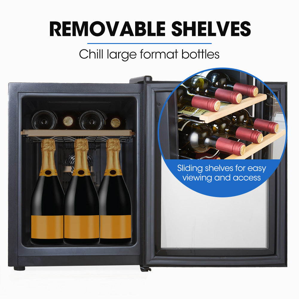 33L 12 Bottle Wine Bar Fridge Countertop Cooler Compressor Mirrored Glass Door, Black