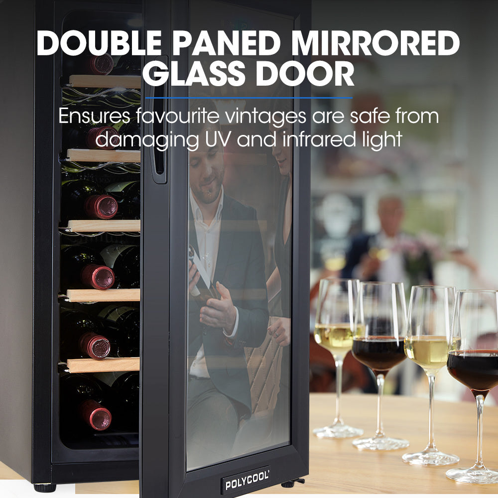 47L 18 Bottle Wine Bar Fridge Countertop Cooler Compressor Mirrored Glass Door, Black