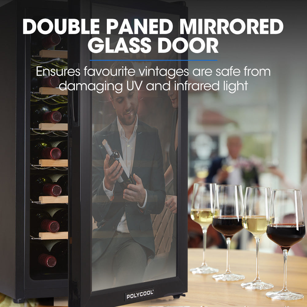 72L 28 Bottle Wine Bar Fridge Countertop Cooler Compressor Mirrored Glass Door, Black