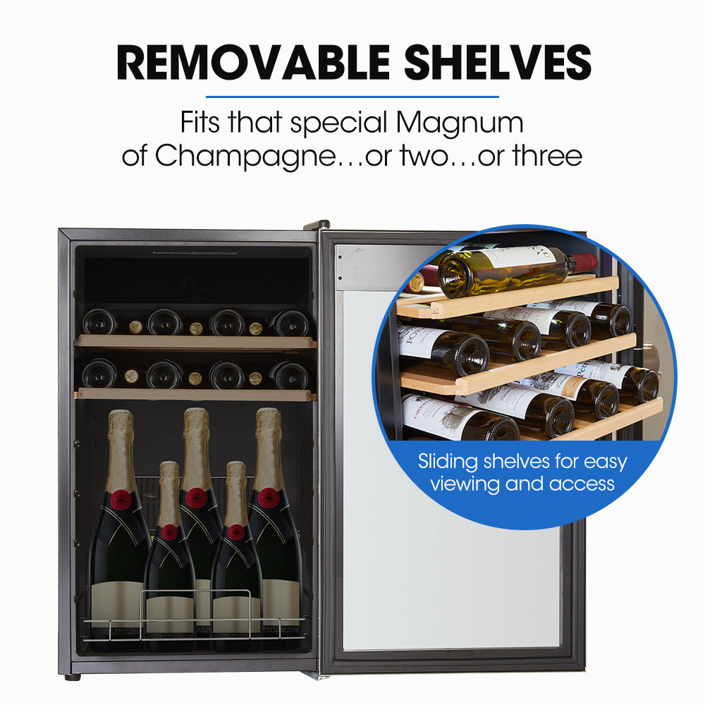 34 Bottle Wine Bar Fridge, Under Bench, Glass Door w/ Stainless Steel Frame, Sliding Shelves, Silver