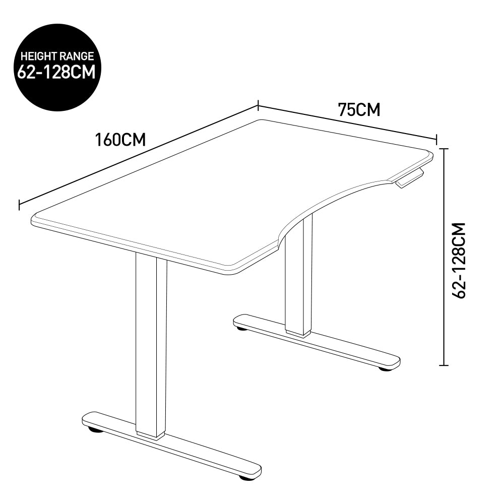 Fortia Sit To Stand Up Standing Desk, 160x75cm, 62-128cm Electric Height Adjustable, Dual Motor, 120kg Load, Arched, White/Black Frame