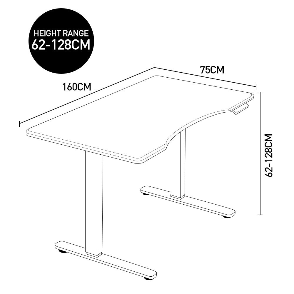 Fortia Sit To Stand Up Standing Desk, 160x75cm, 62-128cm Electric Height Adjustable, Dual Motor, 120kg Load, Arched, Black/White Frame