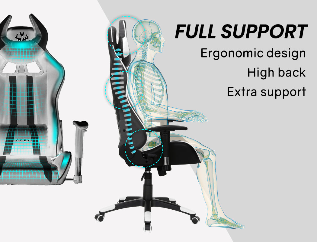 OVERDRIVE Diablo Reclining Gaming Chair Black & White Seat Computer Office Neck Lumbar Horns