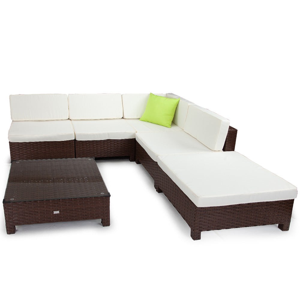 6pc Outdoor Furniture Setting Wicker Lounge Ottoman Sofa Set Brown