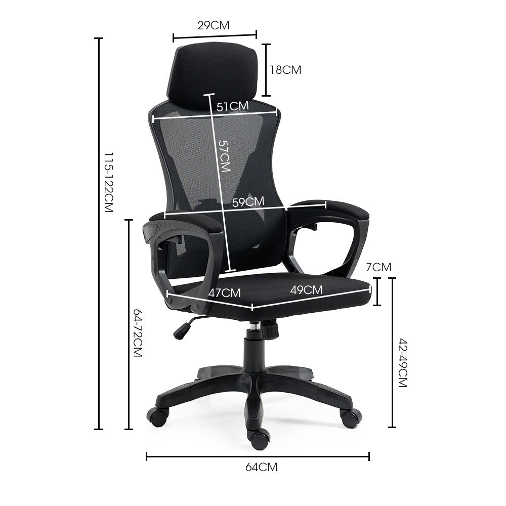 Ergonomic Office Desk Chair, Height Adjustable Lumbar Support, Mesh Fabric, Headrest, Black
