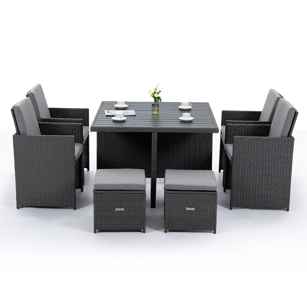 9 Piece Outdoor Dining Table Furniture Wicker Set, Grey