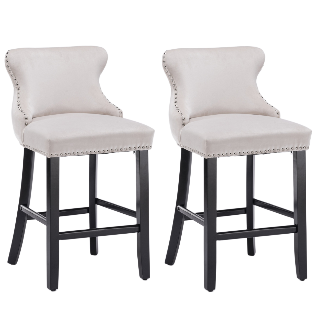 2 x Velvet Upholstered Button Tufted Bar Stools with Wood Legs and Studs-Beige