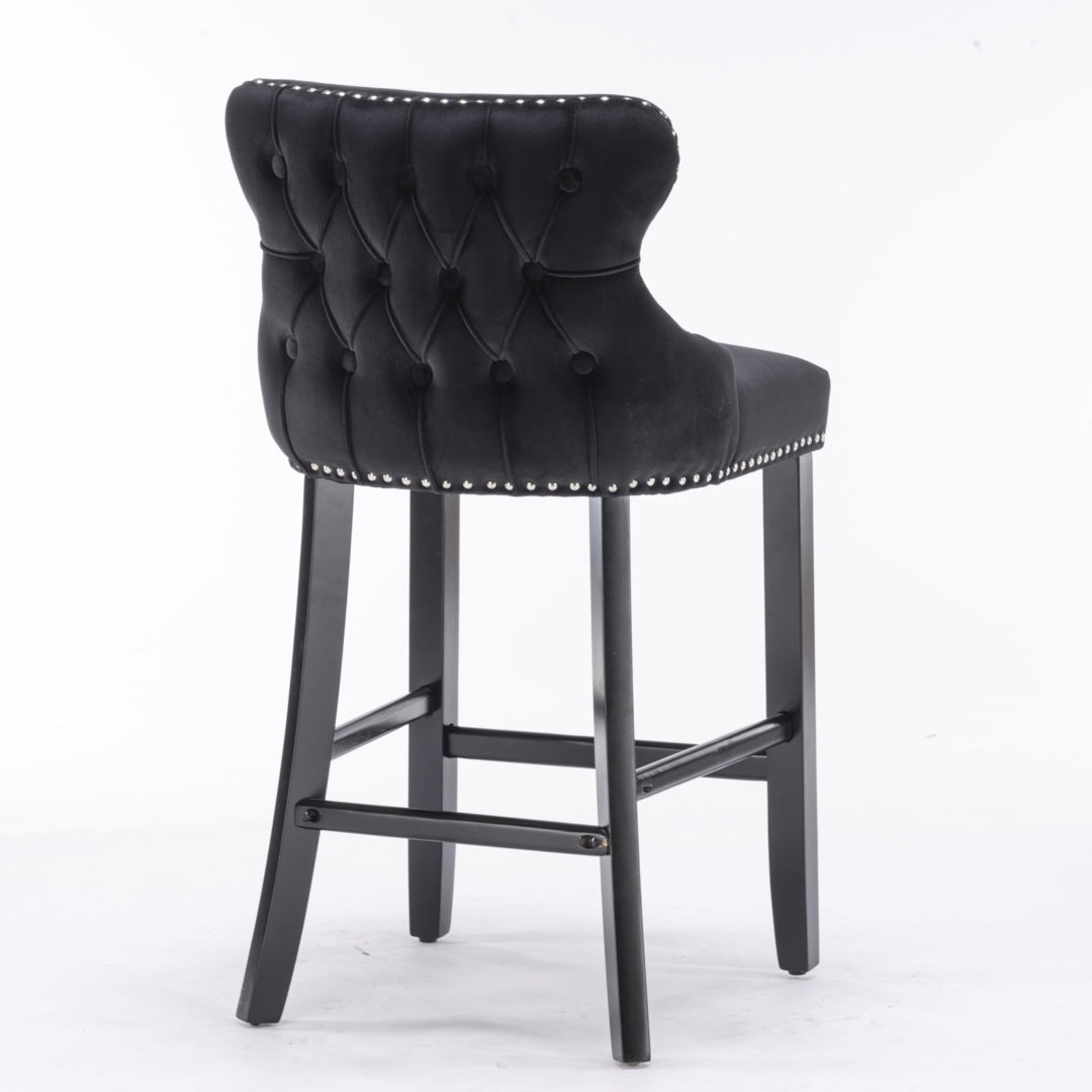 2 x Velvet Upholstered Button Tufted Bar Stools with Wood Legs and Studs-Black