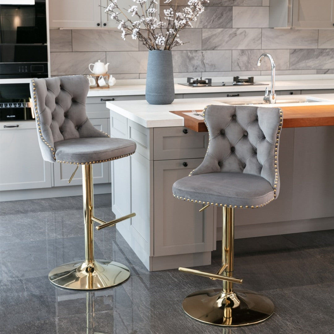 2x Height Adjustable Swivel Bar Stool with Footrest and Golden Base- Grey