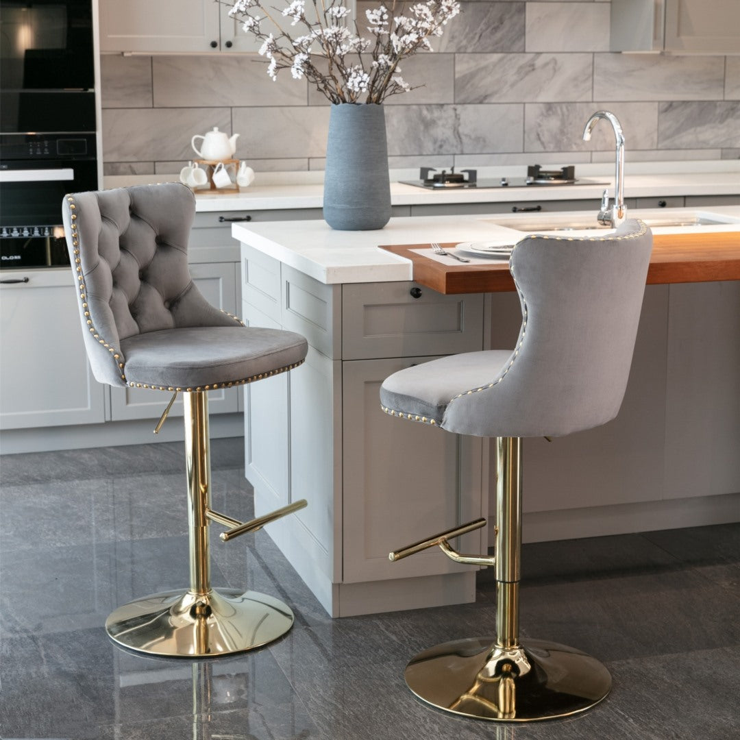 2x Height Adjustable Swivel Bar Stool with Footrest and Golden Base- Grey