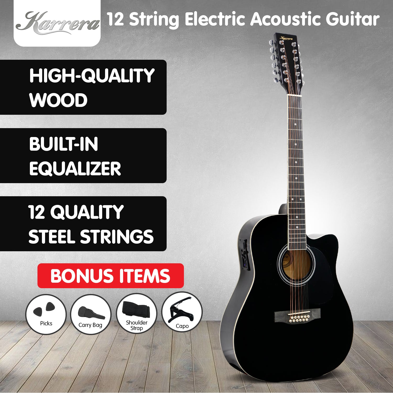 Karrera 12-String Acoustic Guitar with EQ - Black