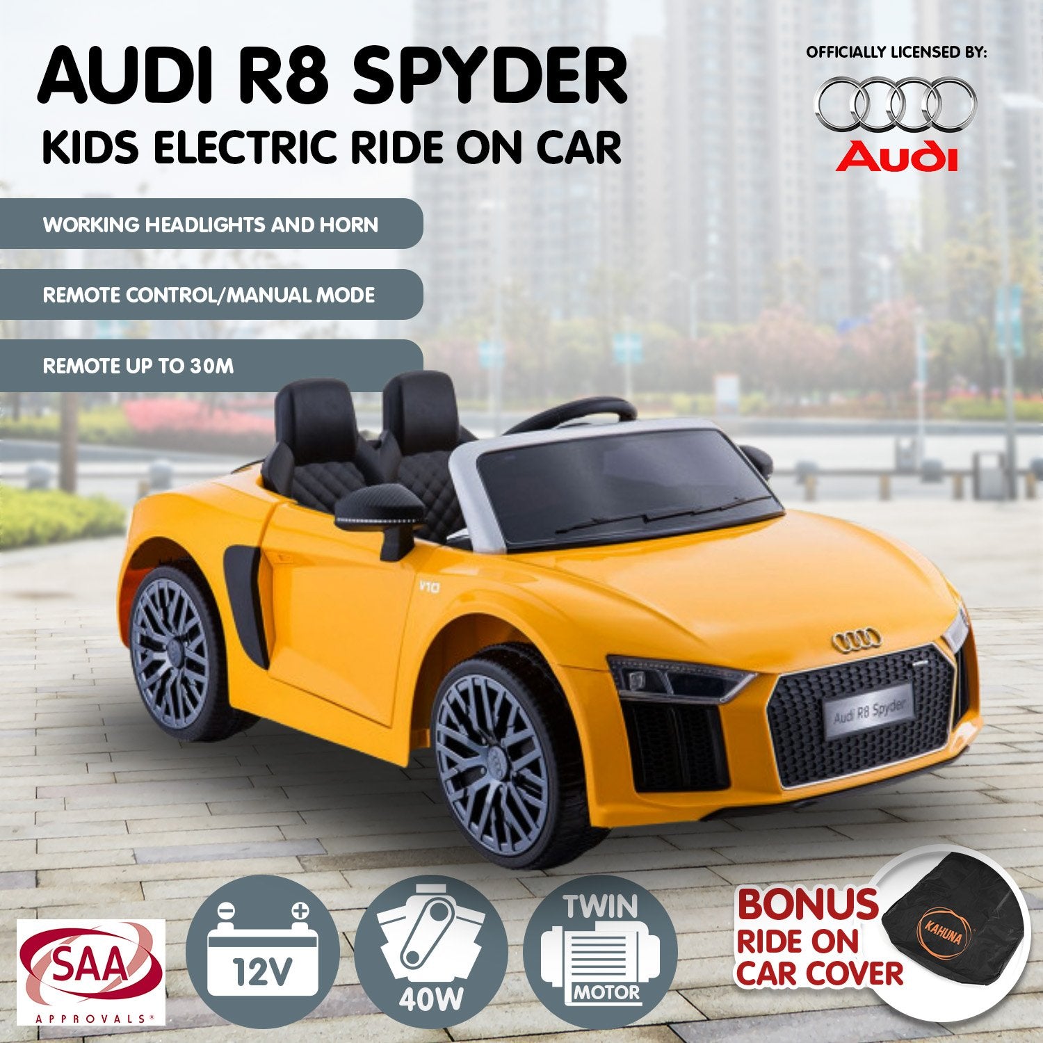 Kahuna R8 Spyder Audi Licensed Kids Electric Ride On Car Remote Control - Yellow