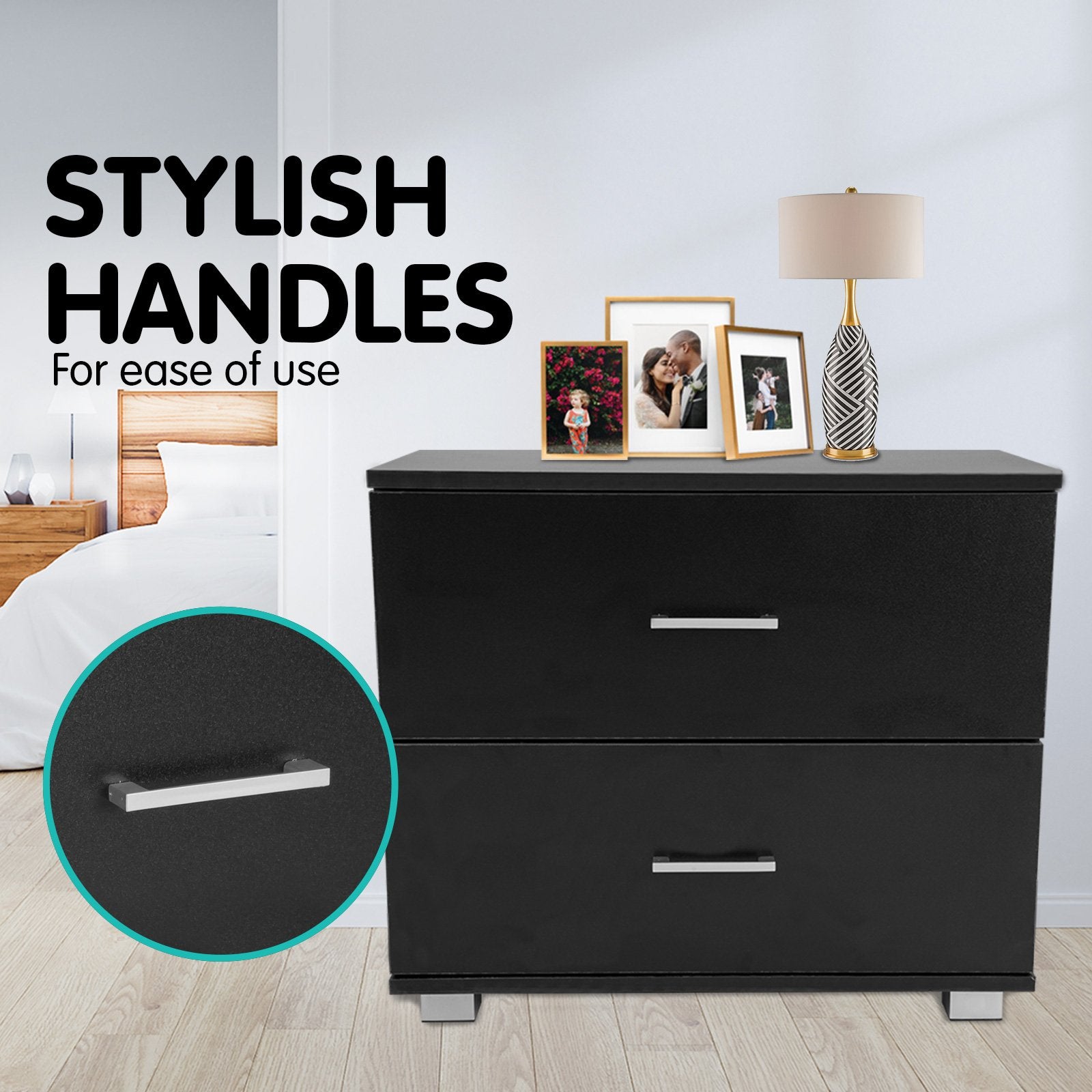 Bedside Table Cabinet Storage Chest 2 Drawers Lamp Side Nightstand - Black