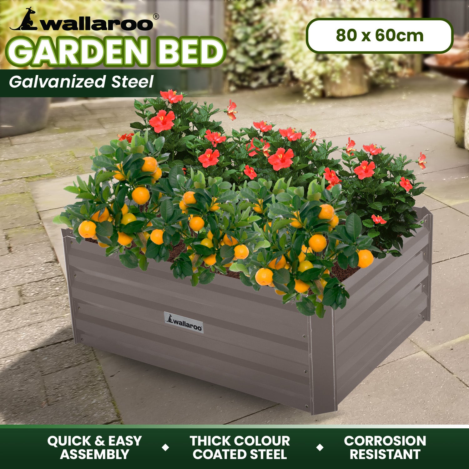 Wallaroo Garden Bed Galvanized Steel - Grey 80 x 60 x 30cm