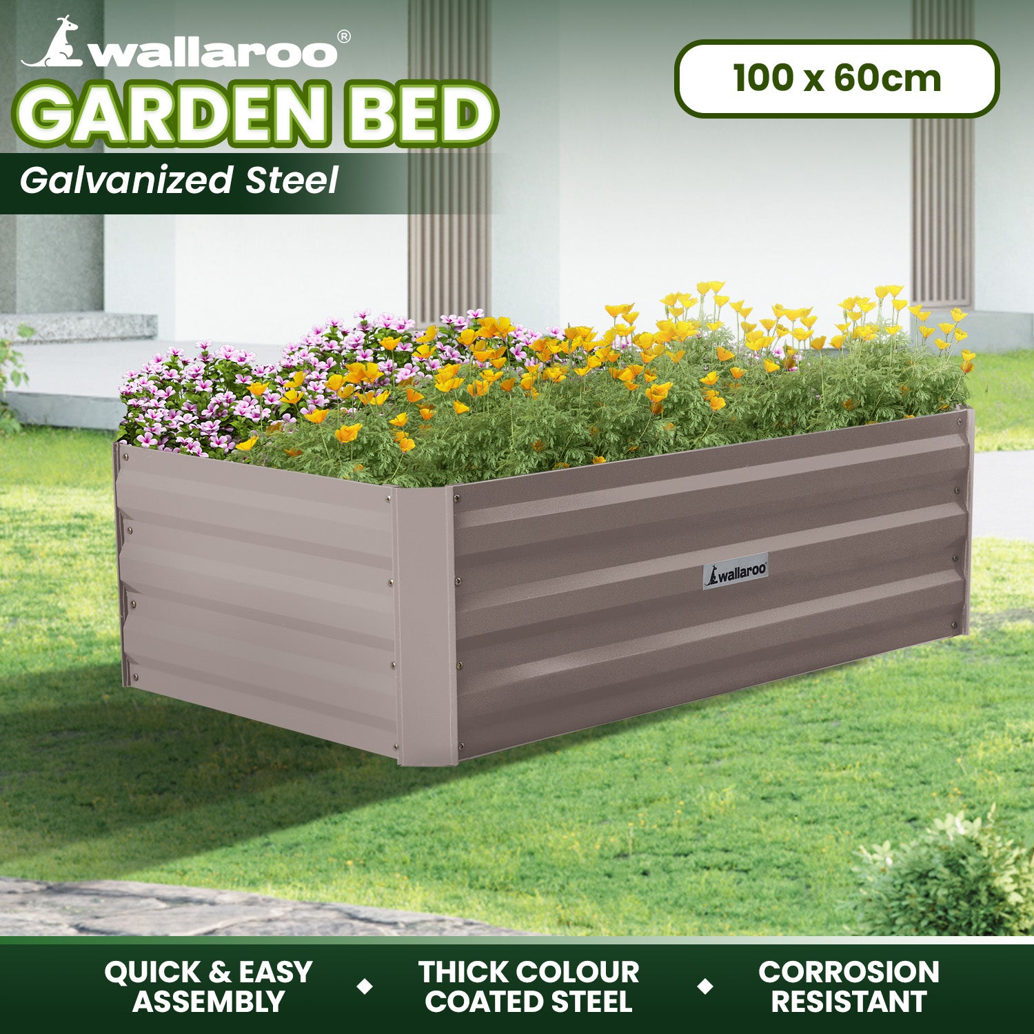 Wallaroo Garden Bed Galvanized Steel - Grey 100 x 60 x 30cm