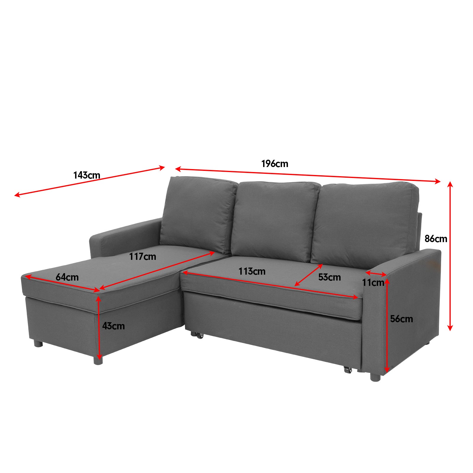 3-seater Corner Sofa Bed With Storage Lounge Chaise Couch - Grey