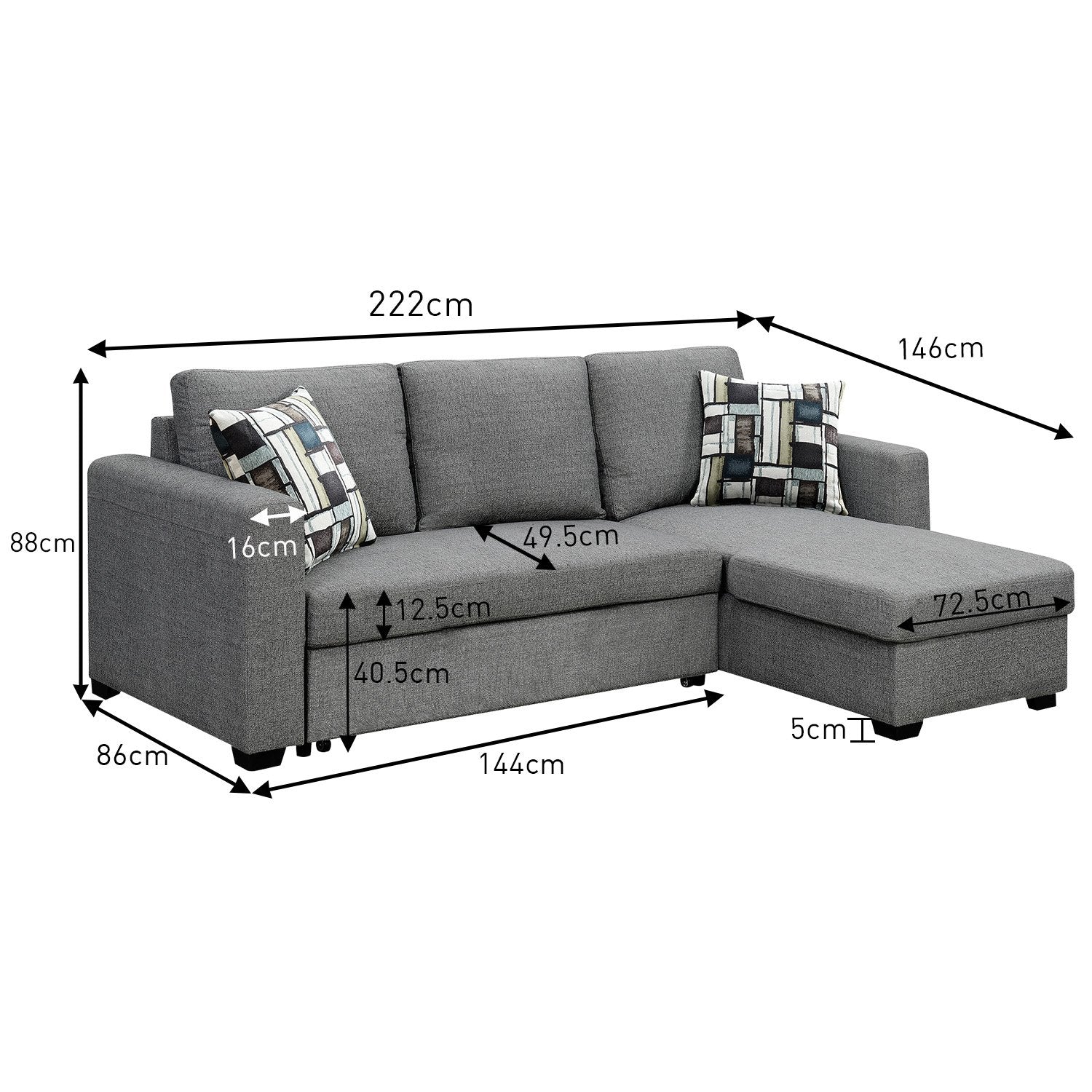 Fontana Pullout Sofa Bed with Storage Chaise Lounge - Grey
