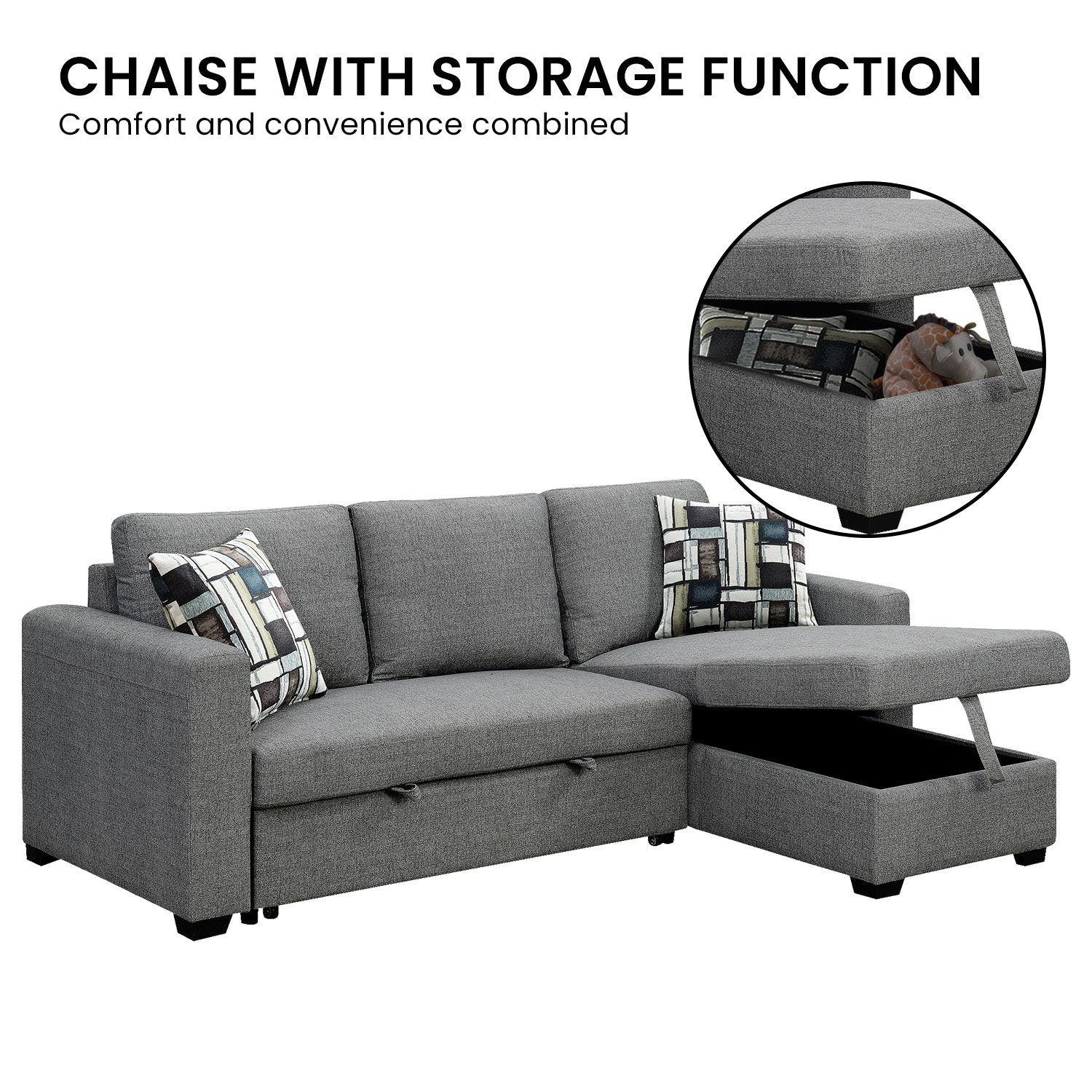 Fontana Pullout Sofa Bed with Storage Chaise Lounge - Grey