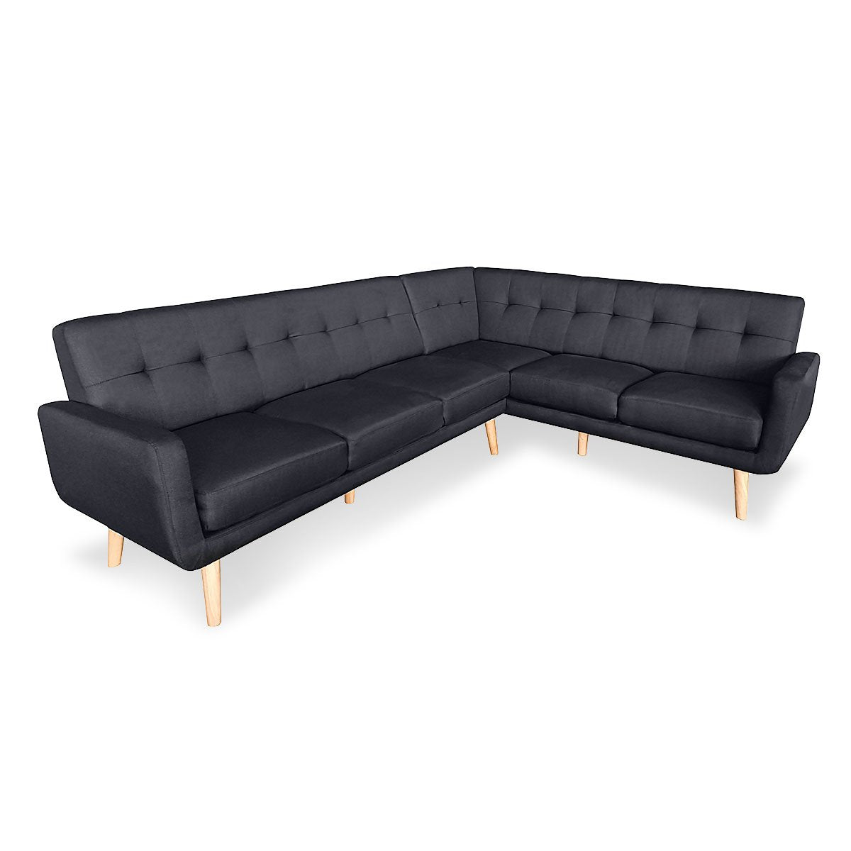 Faux Linen Corner Wooden Sofa Lounge L-shaped with Chaise - Black