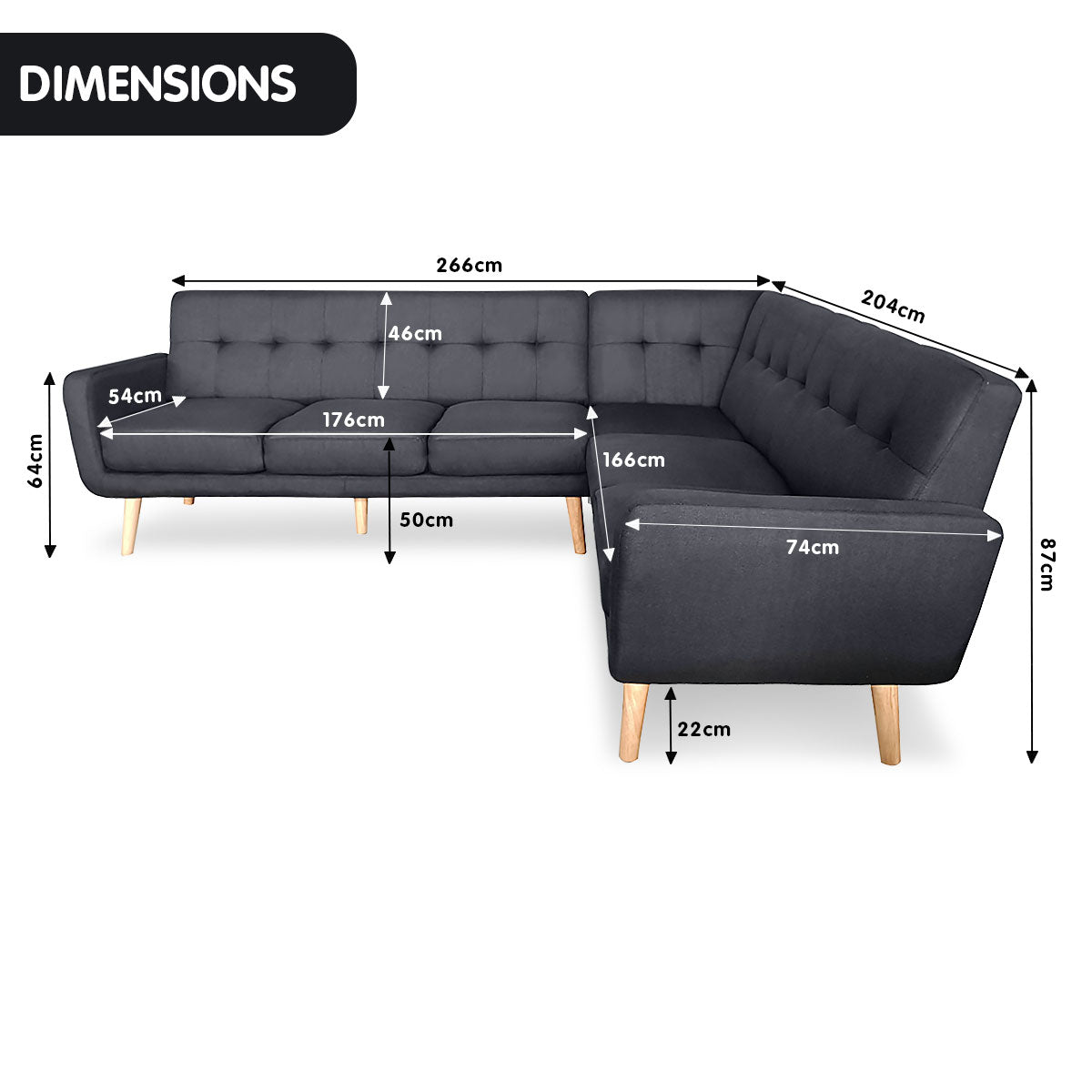 Faux Linen Corner Wooden Sofa Lounge L-shaped with Chaise - Black
