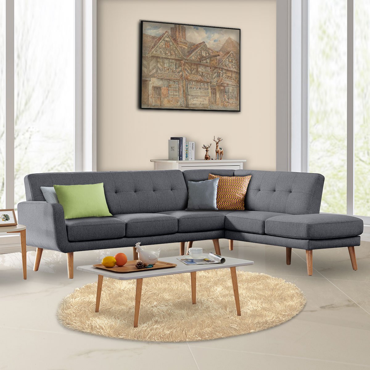 Faux Linen Corner Sofa Lounge L-shaped with Chaise Dark Grey