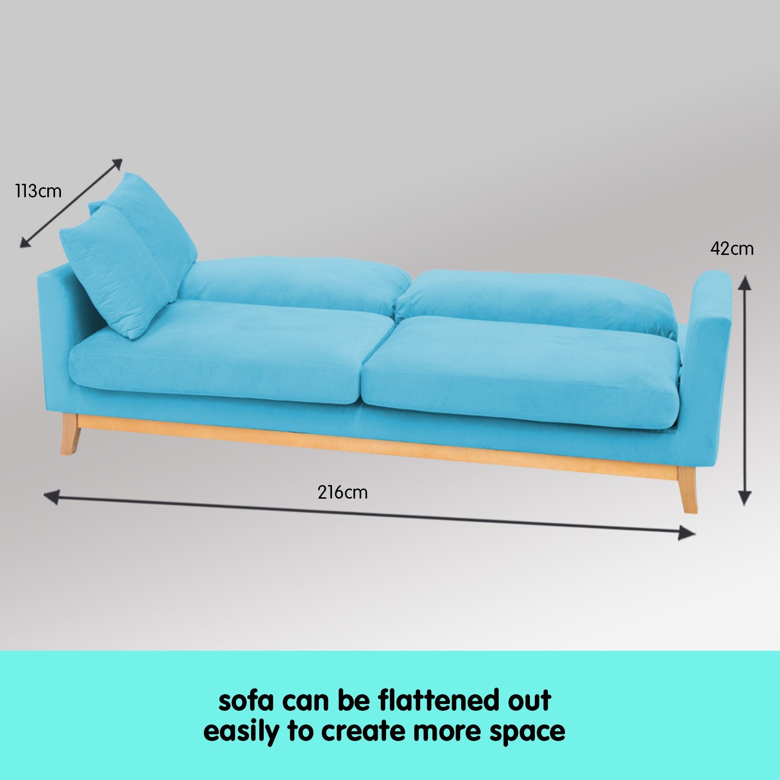 3 Seater Faux Velvet Wooden Sofa Bed Couch Furniture - Blue