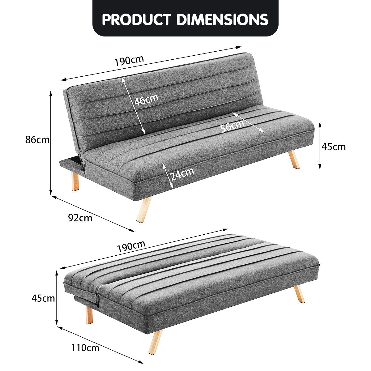 3 Seater Modular Linen Fabric Sofa Bed Couch - Dark Grey
