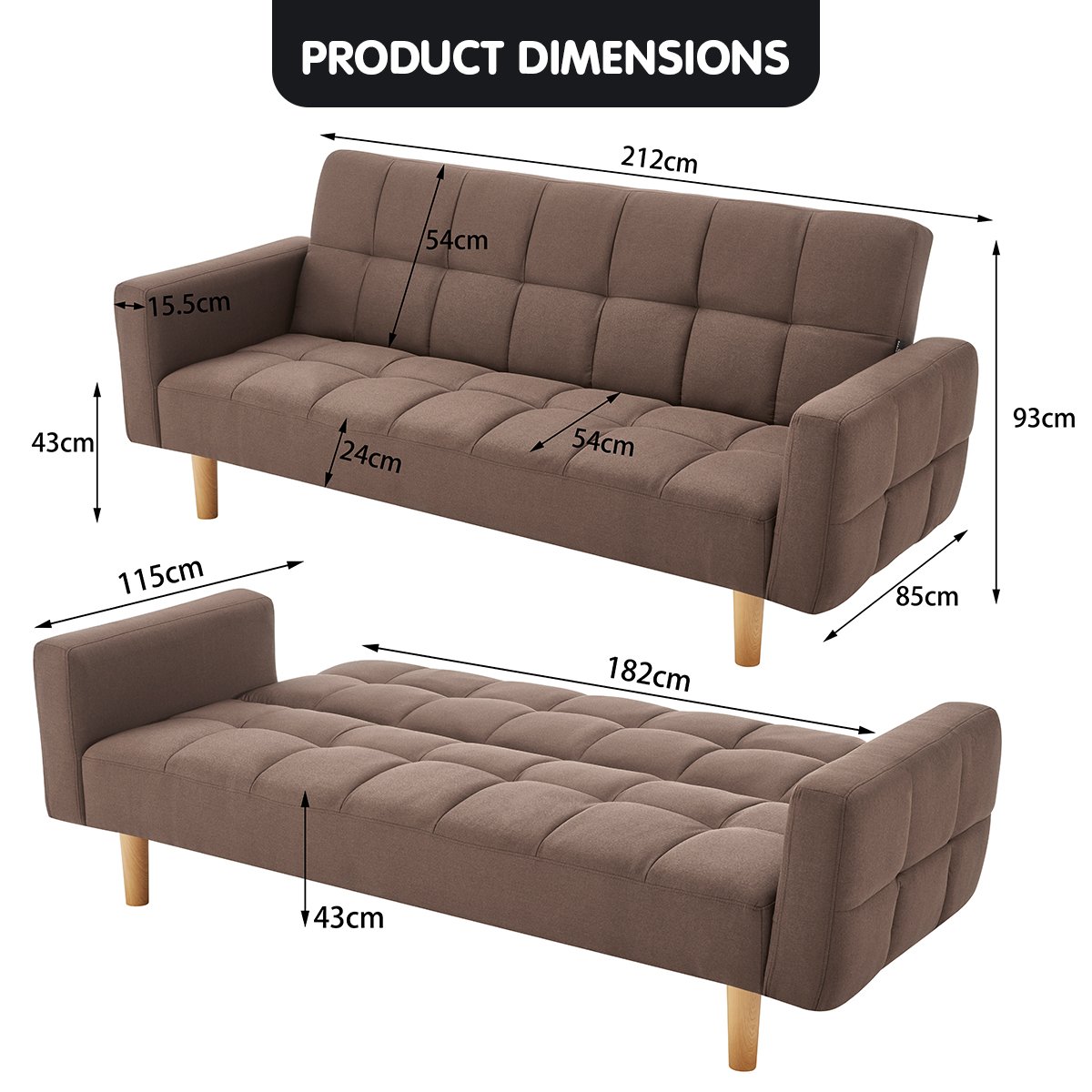 3-Seater Fabric Sofa Bed Futon - Brown