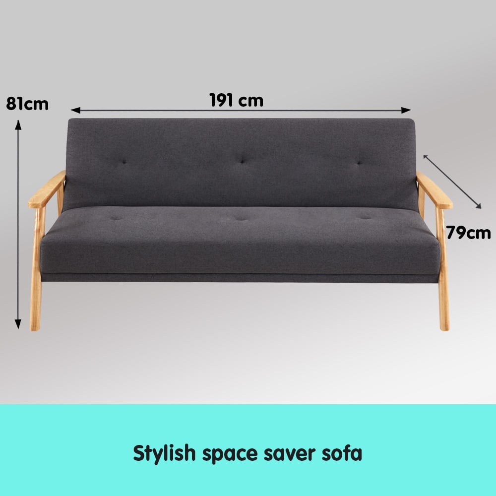 3 Seater Linen Fabric Wood Sofa Bed Lounge Couch Dark Grey