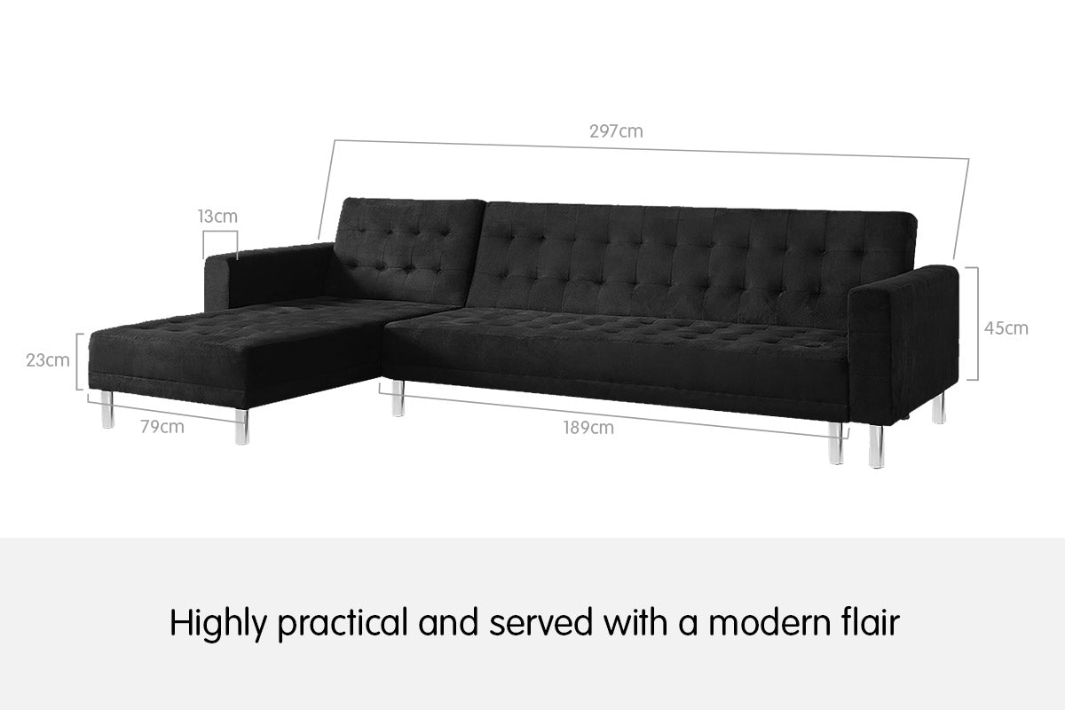 Faux Velveteen Corner Wooden Sofa Bed Couch with Chaise Black