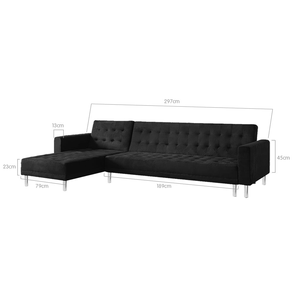 Faux Velveteen Corner Wooden Sofa Bed Couch with Chaise Black