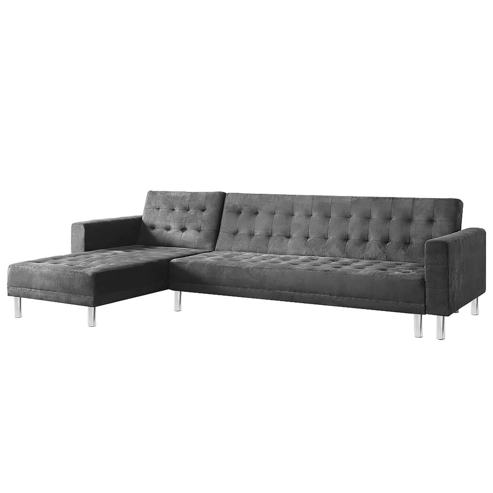 Faux Velvet Corner Wooden Sofa Bed Couch with Chaise - Grey
