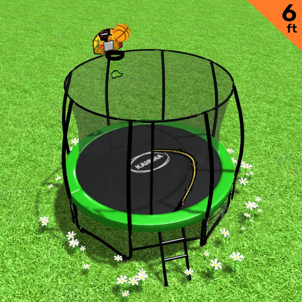 Kahuna 6ft Outdoor Round Green Trampoline With Safety Enclosure And Basketball Hoop Set