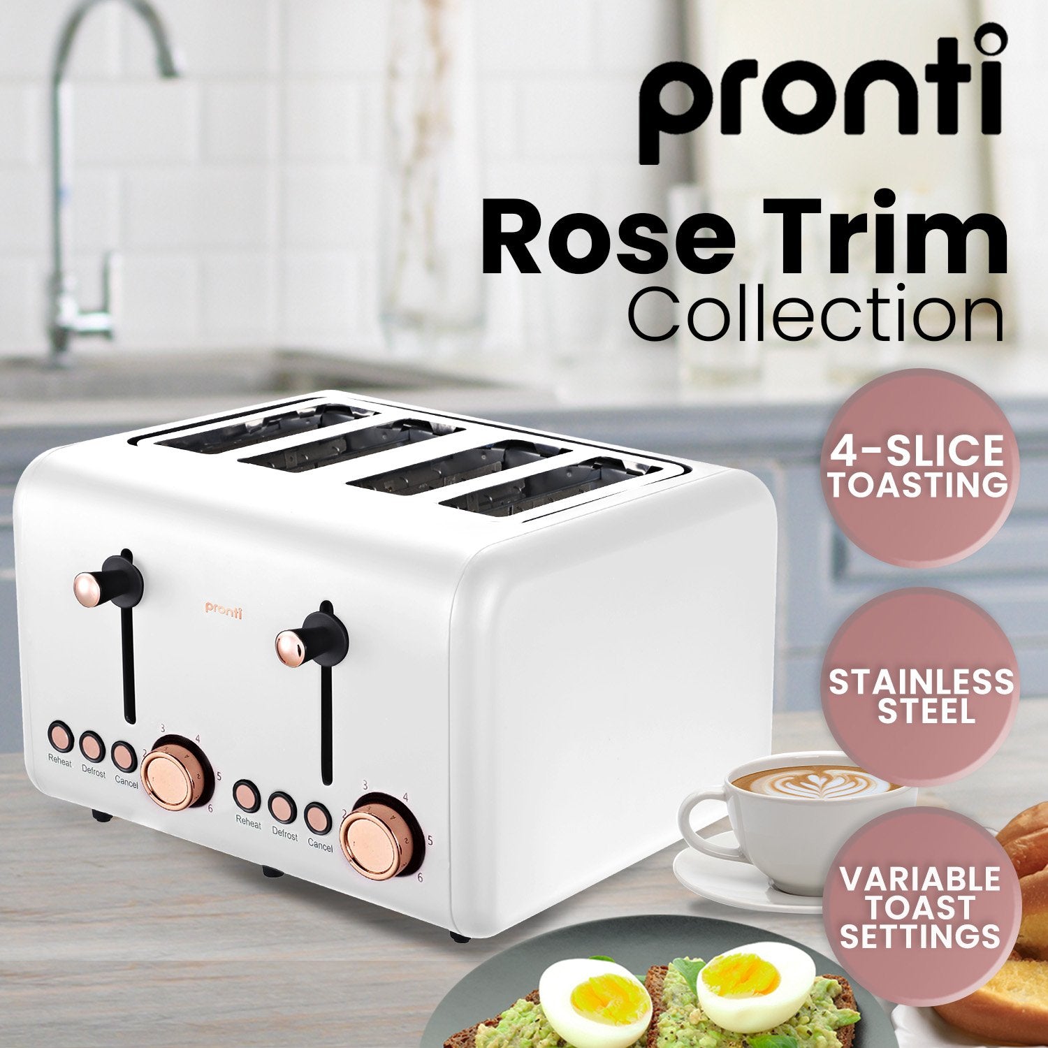 4 Slice Toaster Rose Trim Collection - White