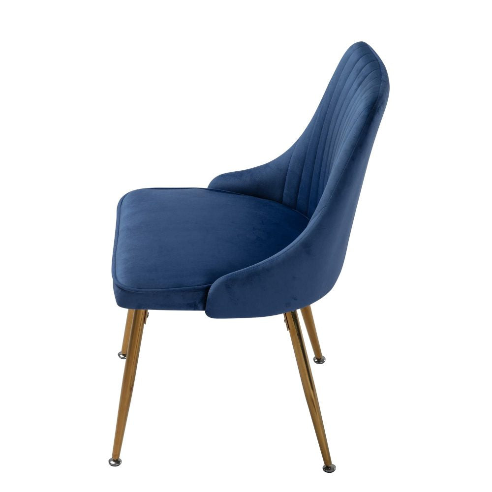 Set of 2 Blue Velvet Dining Chairs – Art Deco Design with Gold Metal Legs