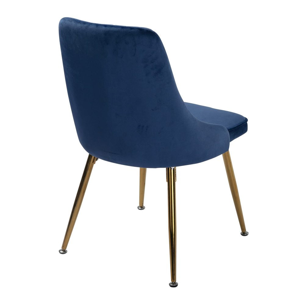 Set of 2 Blue Velvet Dining Chairs – Art Deco Design with Gold Metal Legs