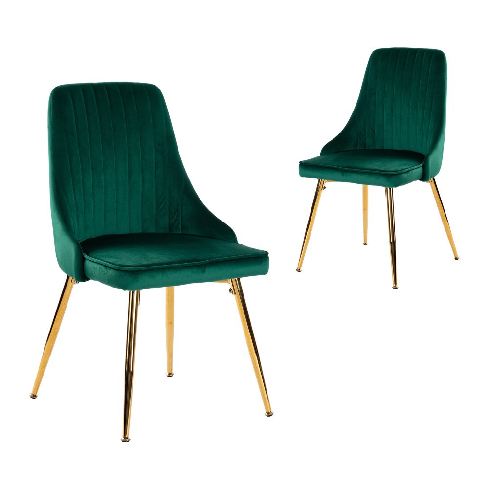 Viva Forever Set of 2 Green Velvet Dining Chairs-Art Deco Design with Gold Metal Legs