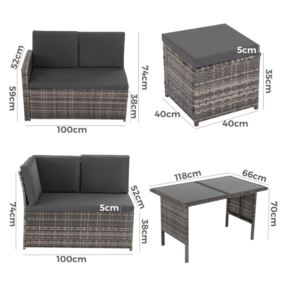 8-Seater Modular Outdoor Garden Lounge and Dining Set with Table and Stools in Dark Grey Weave