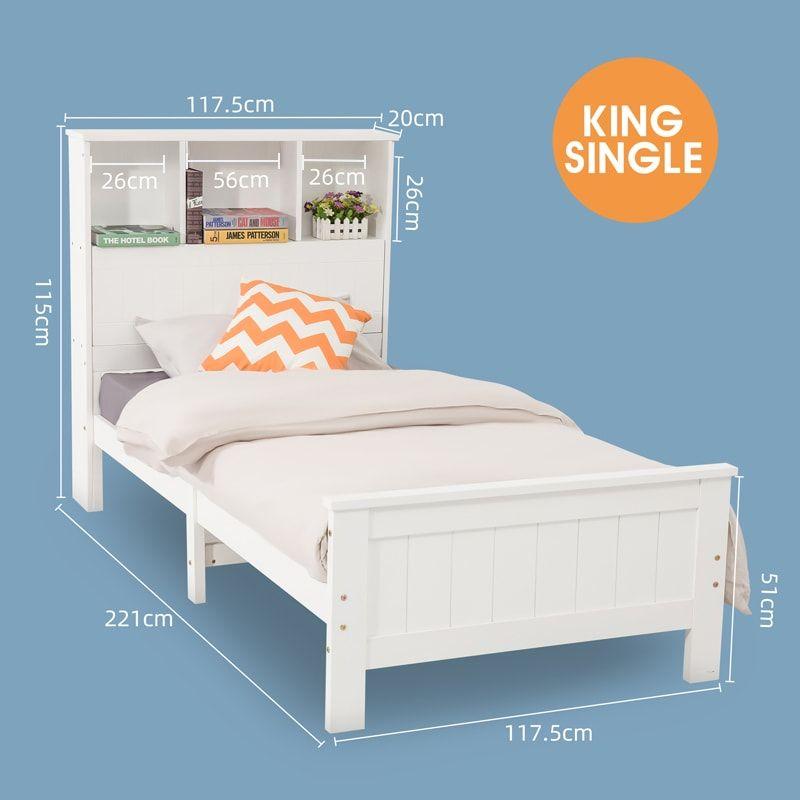 King Single Solid Pine Timber Bed Frame with Bookshelf Storage Headboard- White