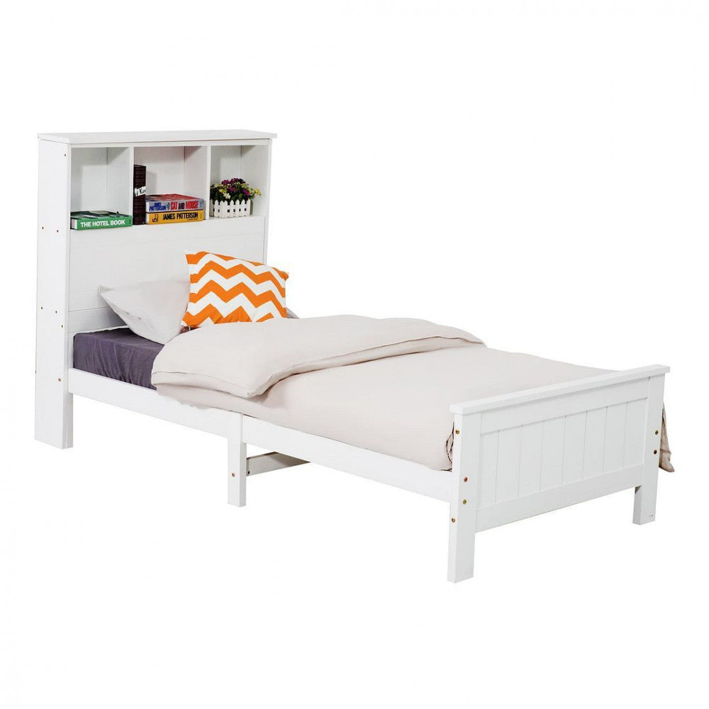 Single Size Solid Pine Timber Bed Frame with Bookshelf Headboard- White